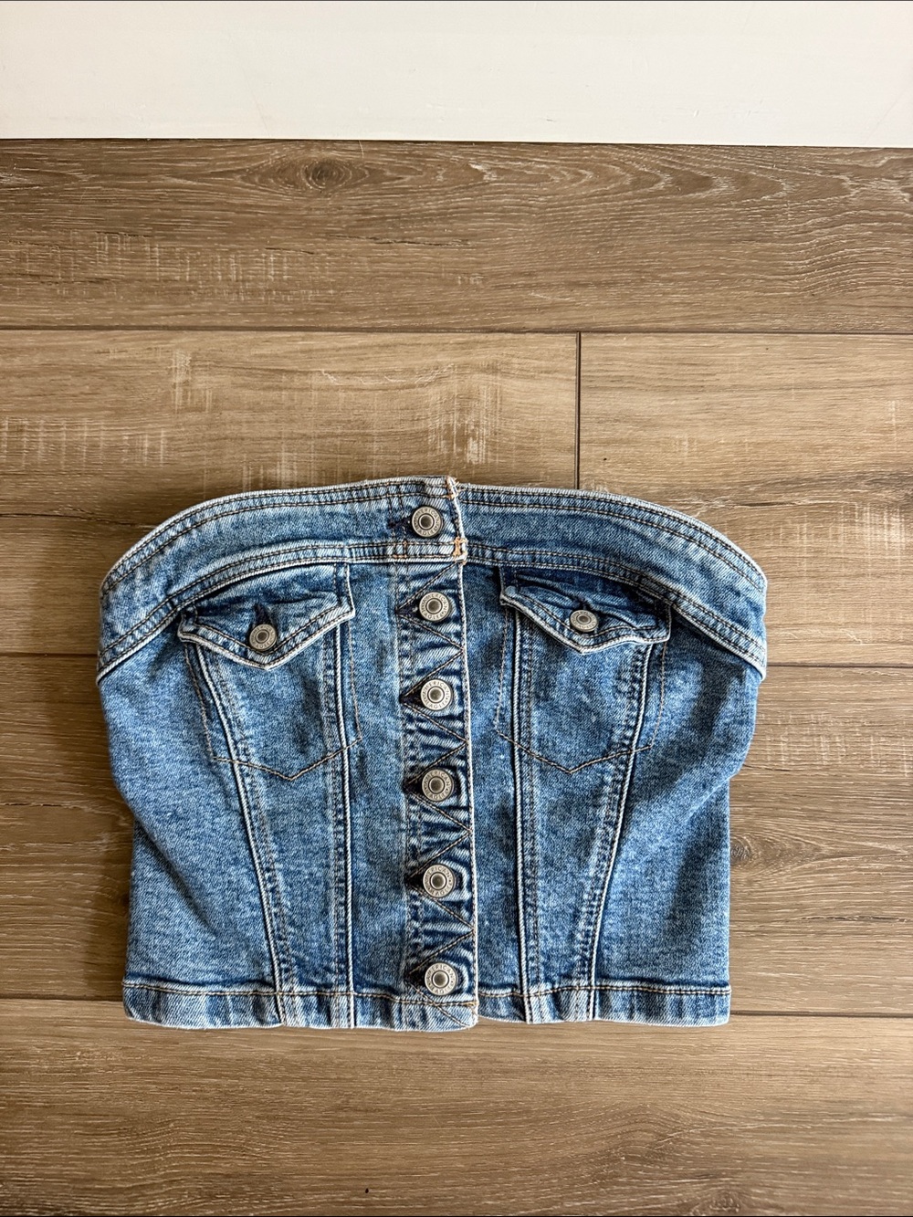 American Eagle Outfitters Strapless Button-Front Denim Crop Top - Light Blue